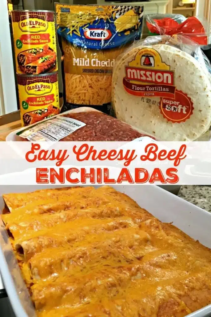 Delicious easy cheesy beef enchiladas topped with cheese and sauce