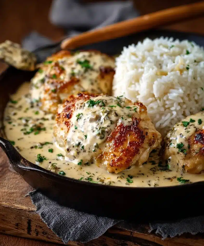 Plate of creamy smothered chicken served over rice with greens