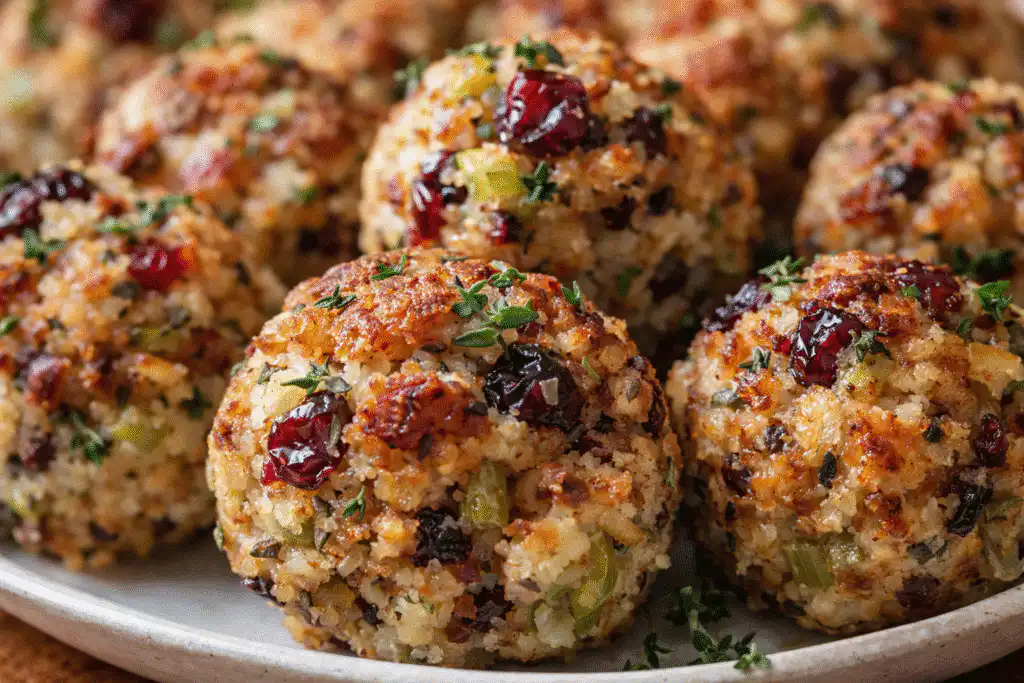 A platter of golden-brown Festive Cranberry Turkey Stuffing Balls garnished with fresh rosemary and extra cranberries. recipe card