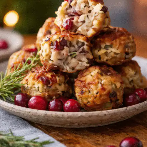 A platter of golden-brown Festive Cranberry Turkey Stuffing Balls garnished with fresh rosemary and extra cranberries. recipe card