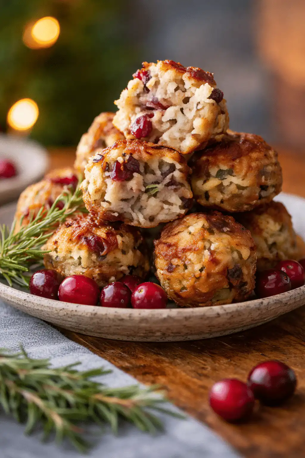 A platter of golden-brown Festive Cranberry Turkey Stuffing Balls garnished with fresh rosemary and extra cranberries. recipe card