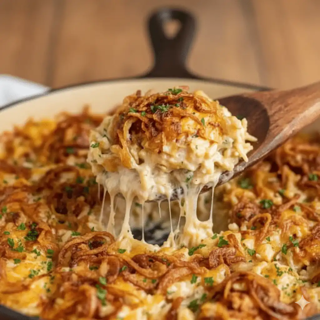 French Onion Chicken Orzo Casserole topped with melted cheese and herbs