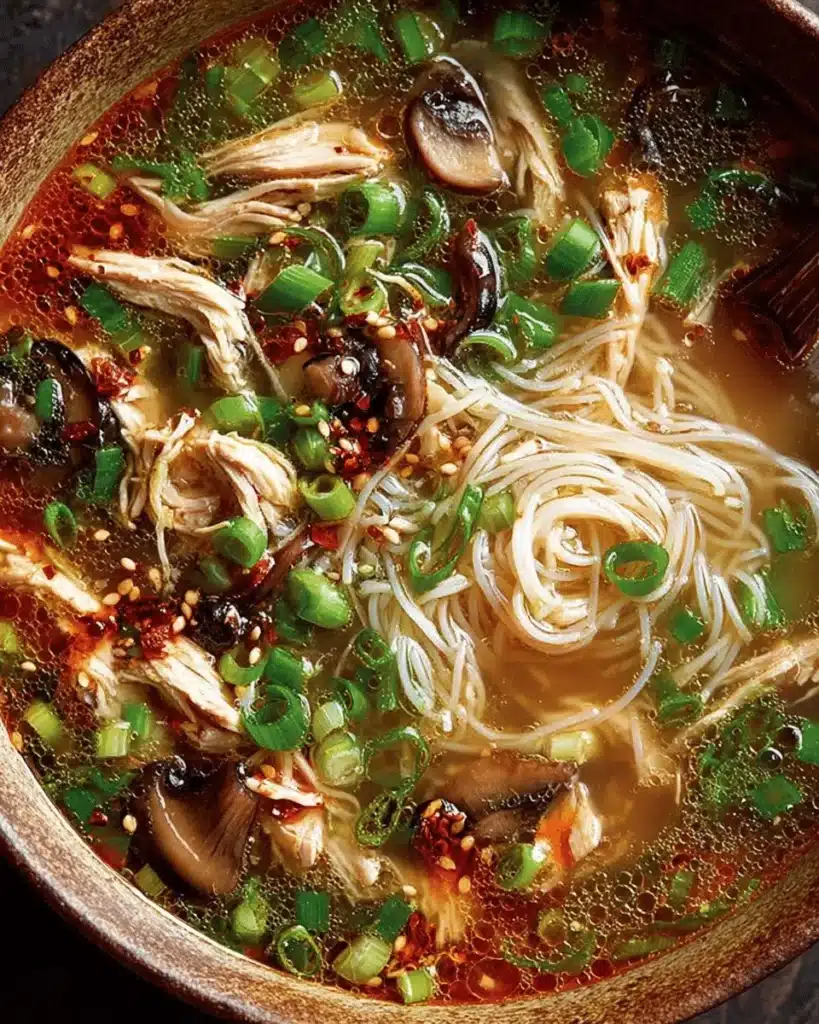 Garlic Ginger Chicken Soup with noodles and mushrooms, a comforting dish.