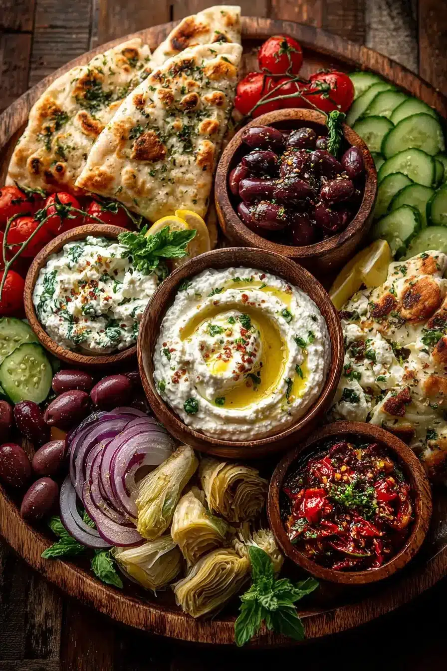 Greek Mezze Platter with Whipped Ricotta – A Flavorful Mediterranean Feast 1 Greek mezze platter featuring whipped ricotta and various Mediterranean dips