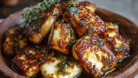 Delicious Halloumi cheese drizzled with honey and garnished with fresh thyme