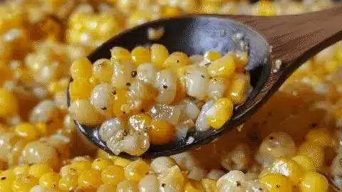 A serving of honey butter skillet corn in a cast iron pan.