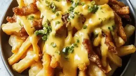 Delicious breakfast poutine with crispy fries, savory toppings, and creamy Hollandaise sauce