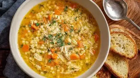 Bowl of Italian Penicillin Soup garnished with fresh herbs and bread.