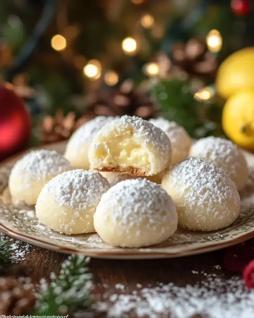 Lemon Cream Snowball Cookies dusted with powdered sugar on a festive platter