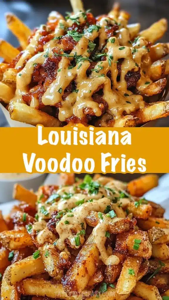 Plate of Louisiana Voodoo Fries topped with spicy sauce and herbs