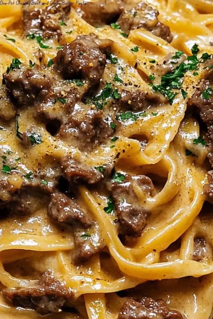 One-Pot Creamy Beef and Garlic Butter Pasta served in a bowl