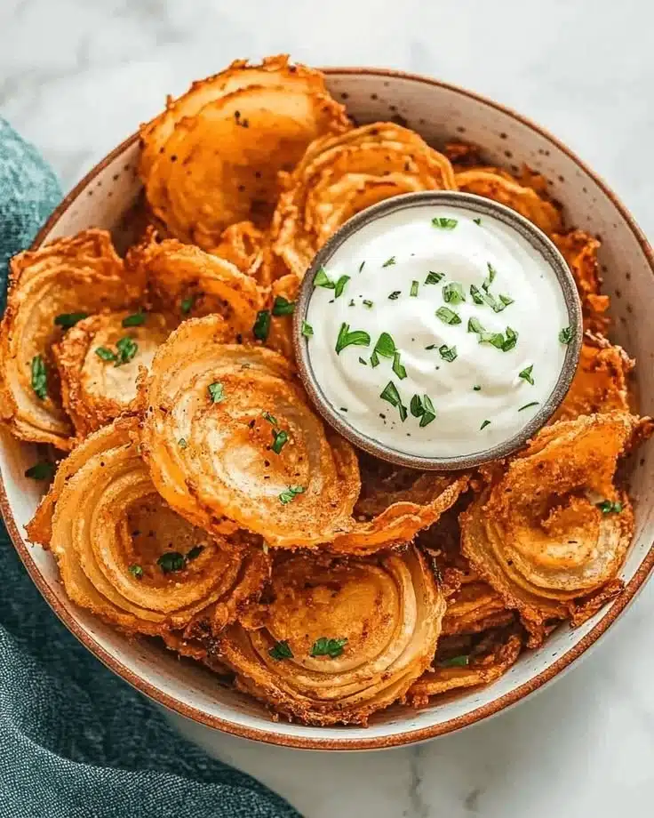 Crunchy onion ring chips in a bowl, perfect for snacking