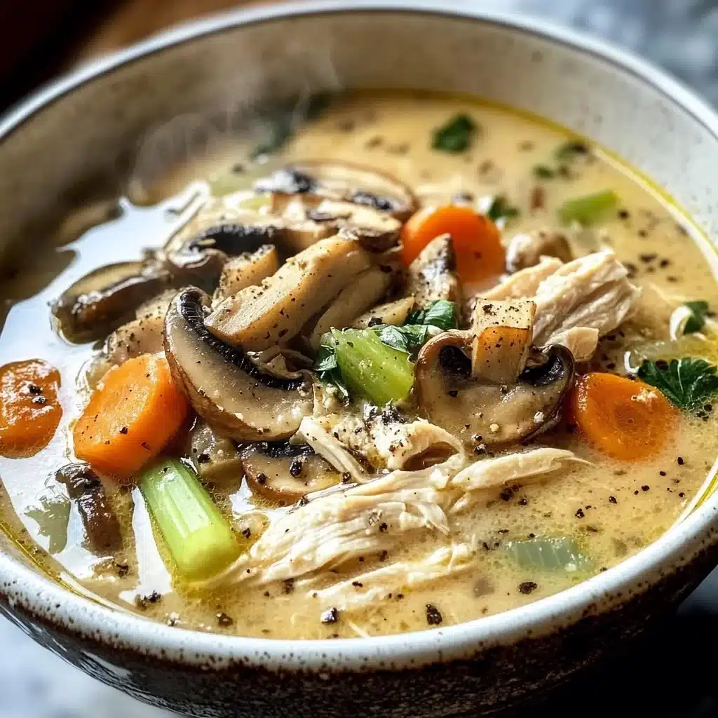 A bowl of hearty rotisserie chicken mushroom soup with fresh herbs