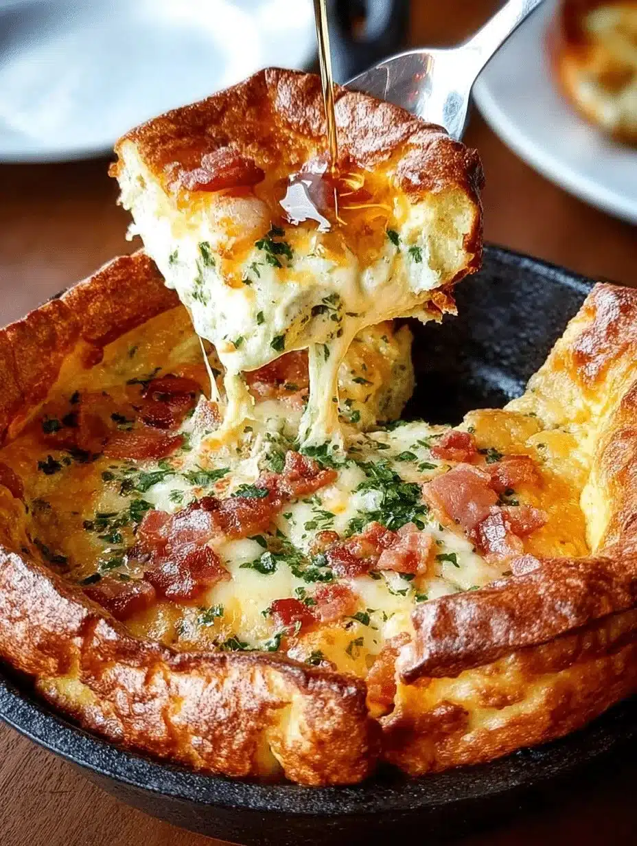 Savory Cheddar & Bacon Dutch Baby: A Delightful Treat! 1 Savory Cheddar Bacon Dutch Baby baked in a cast-iron skillet, topped with cheese and bacon.