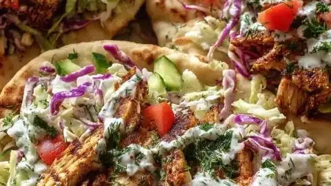 Sheet pan chicken pitas served with fresh herb ranch slaw
