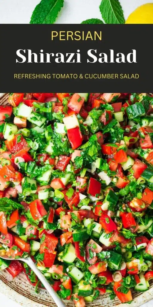 A colorful plate of Shirazi Salad with diced cucumber, tomatoes, and herbs.