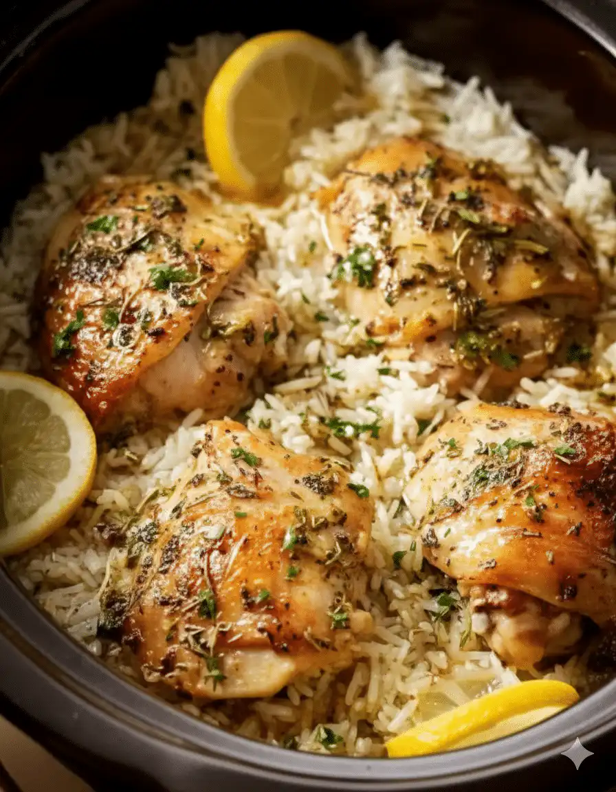 Delicious slow cooker lemon herb chicken garnished with fresh herbs