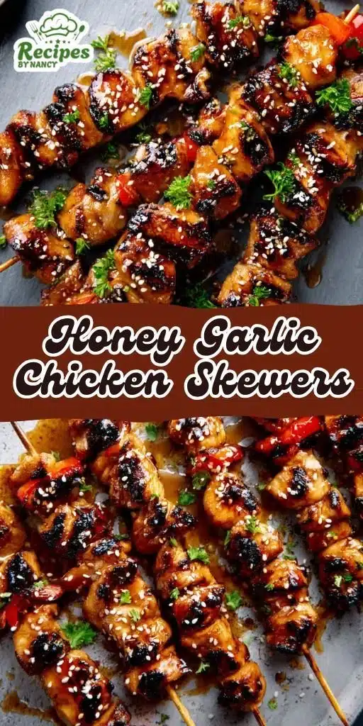 Sticky Honey Garlic Chicken Skewers 1 Sticky honey garlic chicken skewers garnished and ready to serve.