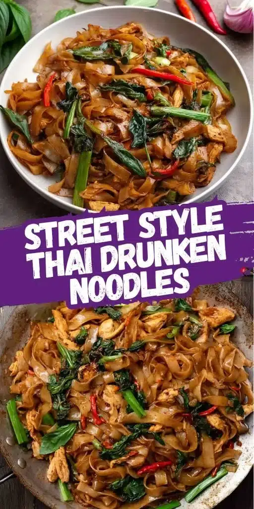 Plate of street-style Thai drunken noodles (Pad Kee Mao) with basil and vegetables.
