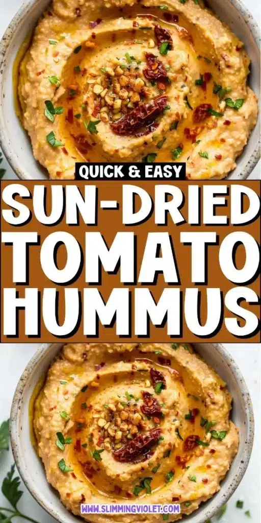 Bowl of sun-dried tomato hummus served with fresh veggies and pita chips