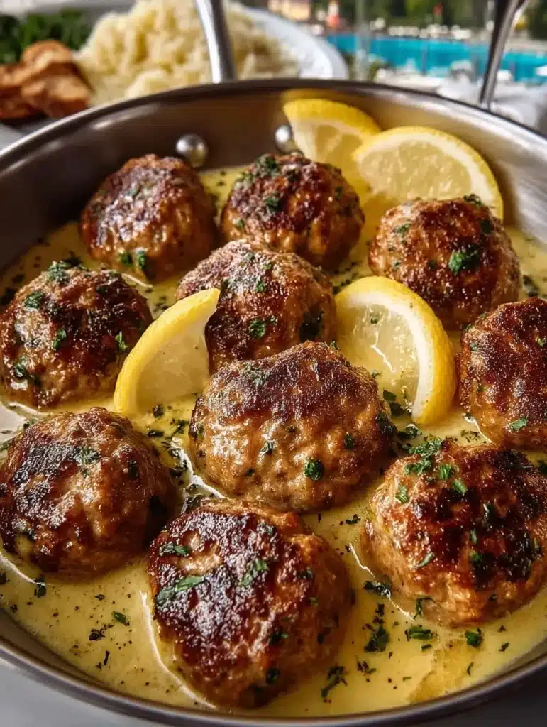 Juicy Greek meatballs in lemon sauce served on a plate
