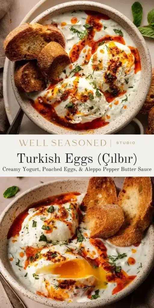 Turkish Eggs with Herbed Yogurt Çılbır served on a plate