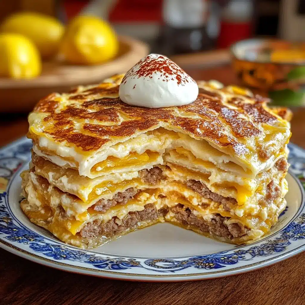 Ultimate Breakfast Lasagna with pancake and sausage layers in a casserole dish