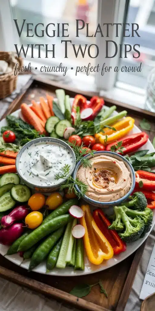 Colorful veggie platter served with two tasty dips for a healthy snack.
