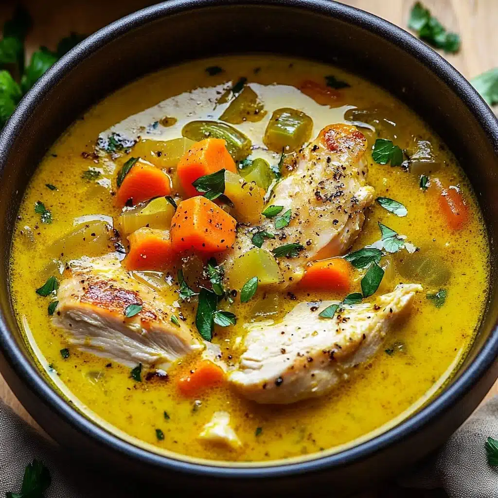 Bowl of anti-inflammatory turmeric chicken soup garnished with herbs