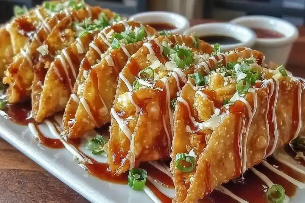 Applebee's Chicken Wonton Tacos served with a side of dipping sauce.