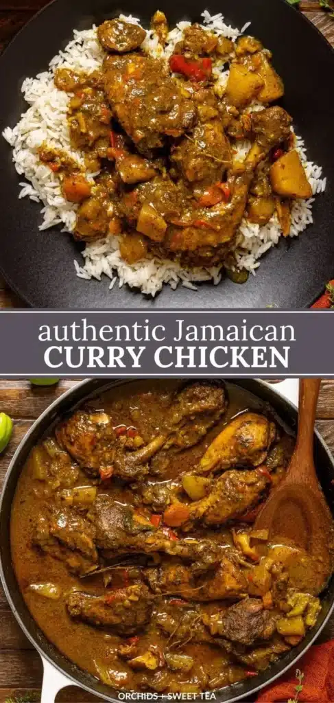 Authentic Jamaican Curry Chicken served with rice and vegetables