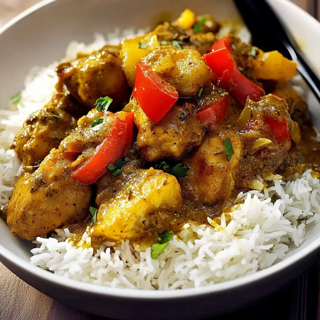Plate of authentic Jamaican curry chicken garnished with herbs