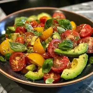 Avocado Tomato Basil Salad: A Fresh Taste Experience! 2 Colorful Avocado Tomato Basil Salad with fresh ingredients and vibrant presentation