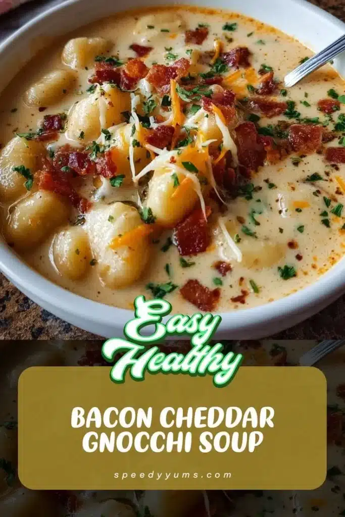 Bacon Cheddar Gnocchi Soup in a bowl, garnished with crispy bacon and cheese.
