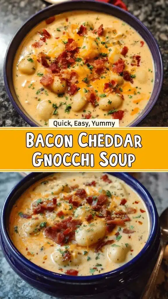 Bacon Cheddar Gnocchi Soup served in a bowl with fresh herbs and bacon on top