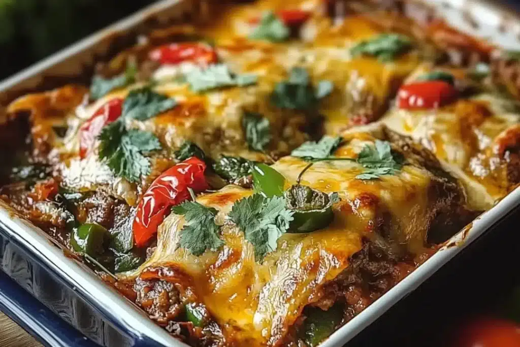 Baked beef stuffed chili casserole topped with cheese and herbs in a baking dish.