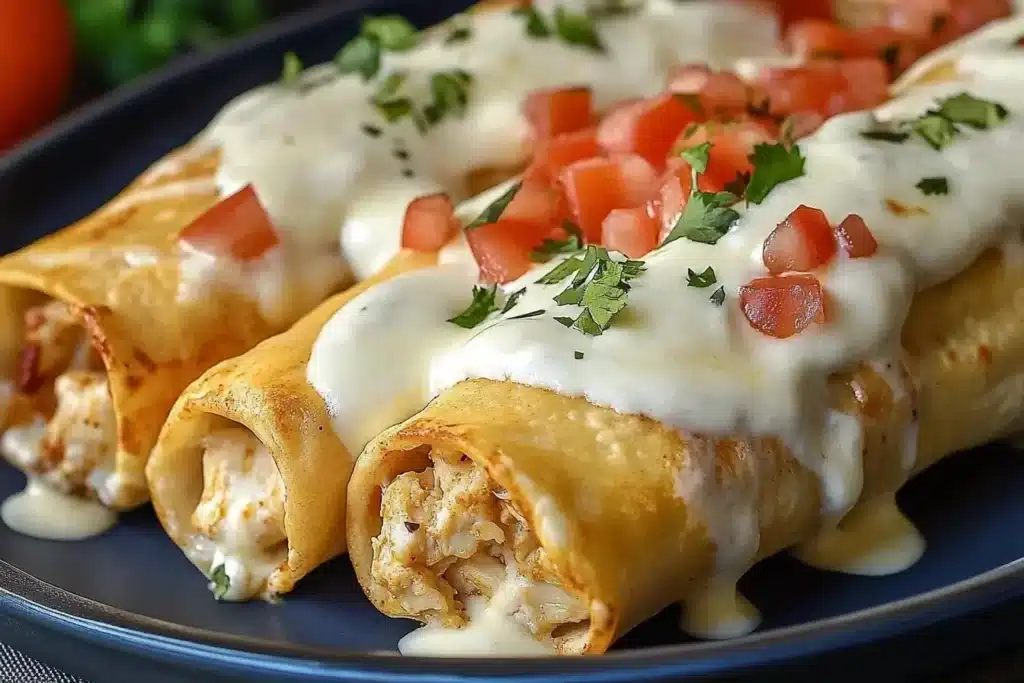 Baked cream cheese chicken taquitos plated with dipping sauce.