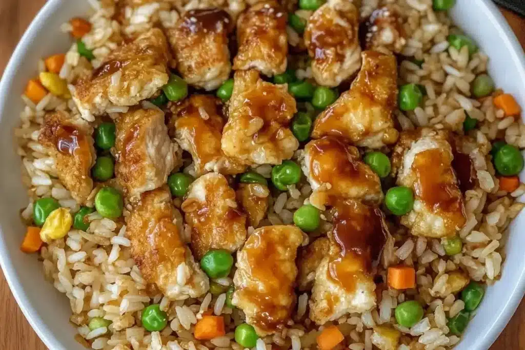 Delicious Bang Bang Chicken Fried Rice served in a bowl with vibrant vegetables.