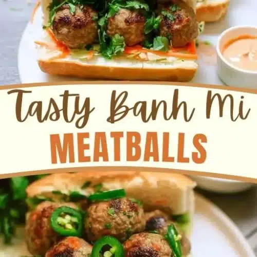 Delicious Banh Mi Meatballs in a crispy baguette with fresh toppings and sauce.