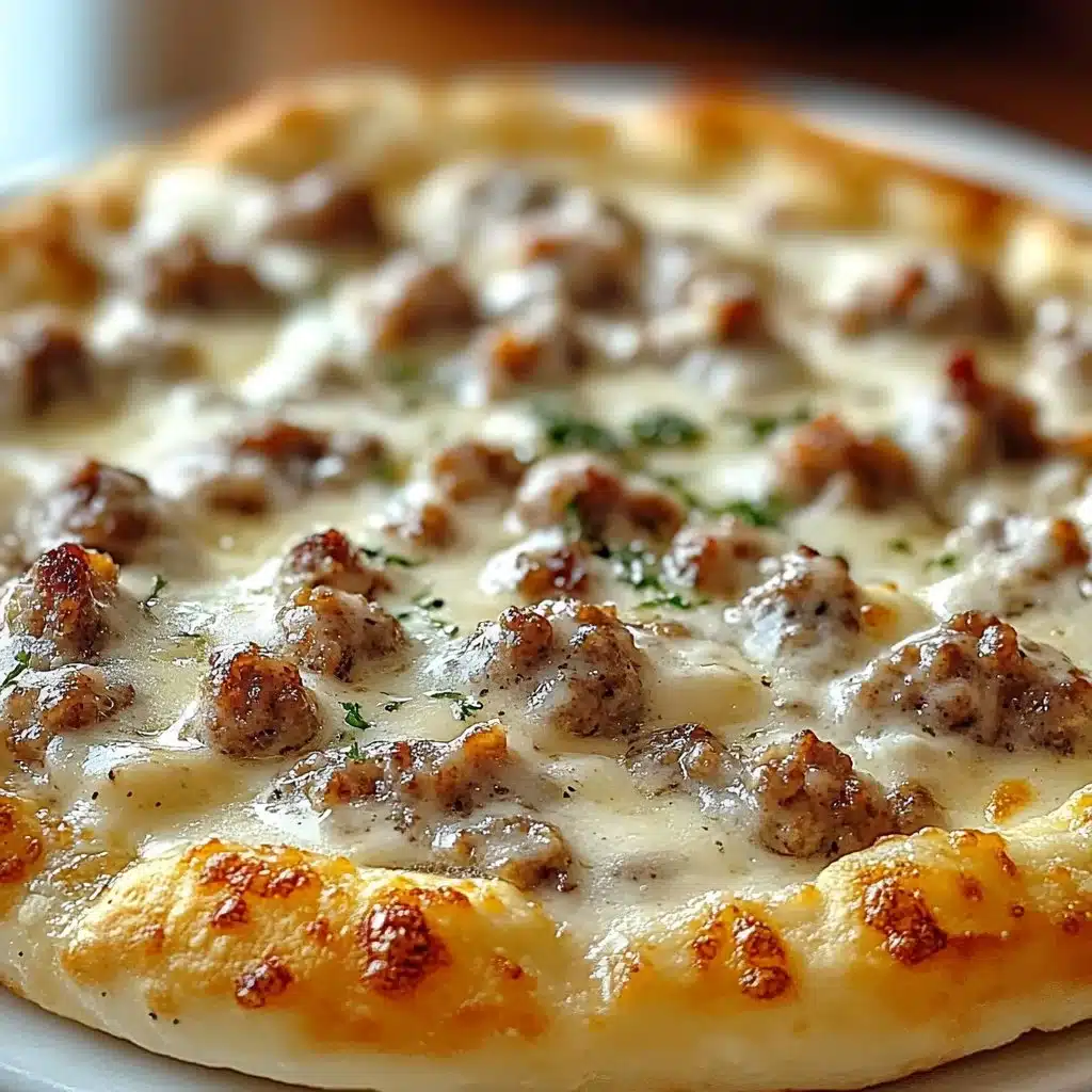 Biscuits and sausage gravy breakfast pizza topped with cheese and herbs