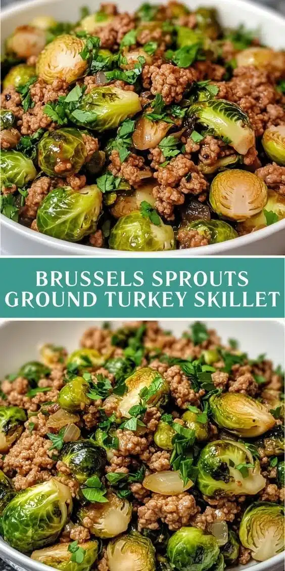 Brussels Sprouts and Ground Turkey Skillet 1 Brussels sprouts and ground turkey skillet dish served in a pan