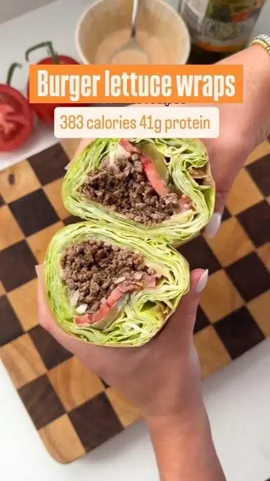 Delicious burger lettuce wraps filled with fresh ingredients and juicy patties.