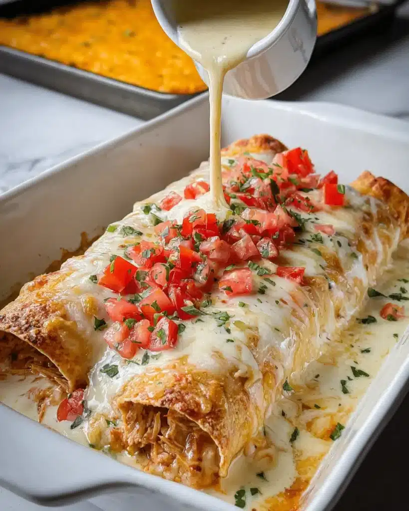 Delicious cheese chicken enchiladas served on a plate with toppings