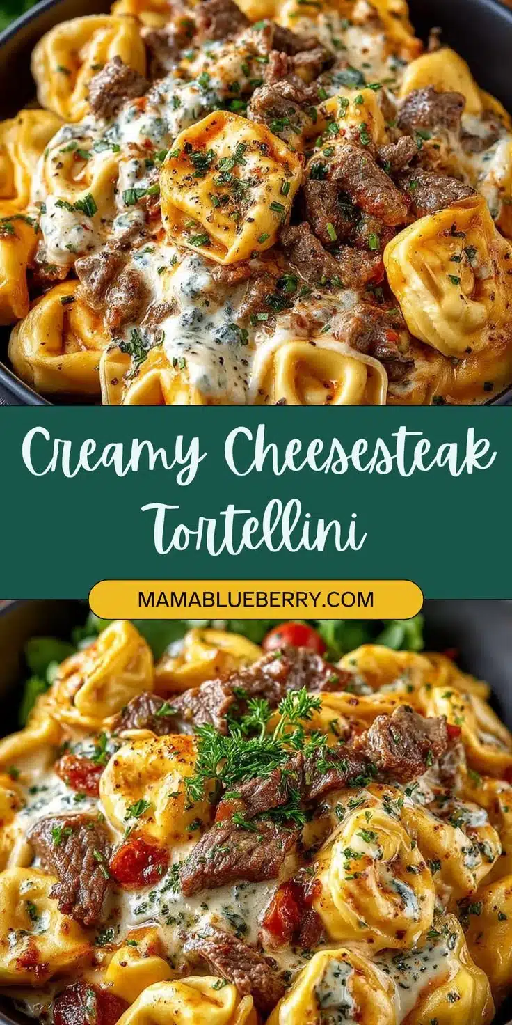 Plate of cheesesteak tortellini garnished with herbs and cheese.