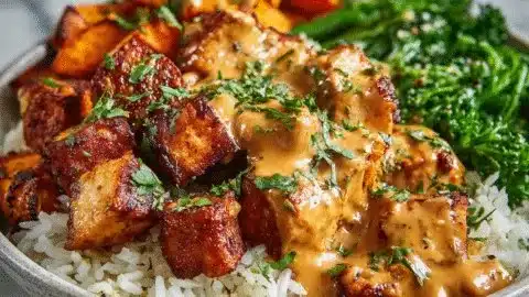 Chicken Sweet Potato Bowl with vegetables and sauce
