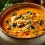 Delicious bowl of chicken enchilada soup topped with cheese and cilantro.