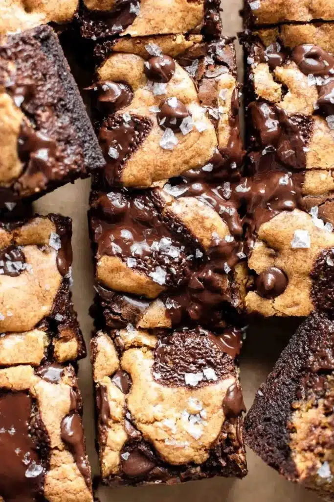 Delicious chocolate chip cookie brownies with fudgy texture and cookie top.