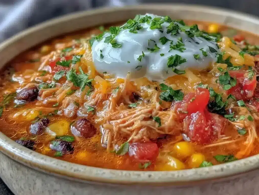 Bowl of comforting chicken enchilada soup garnished with cilantro