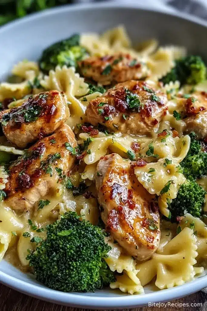 Cowboy Butter Lemon Bowtie Chicken with Broccoli dish served on a plate