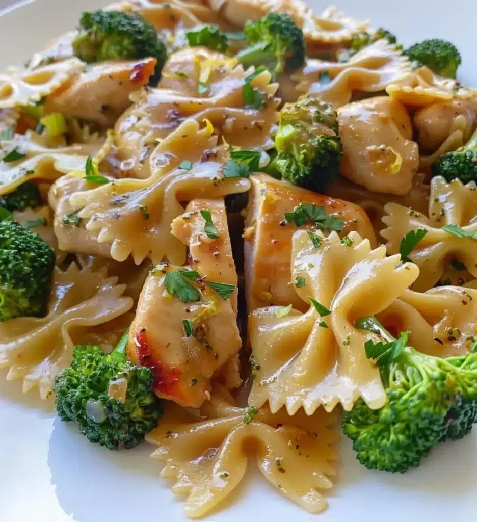 Cowboy Butter Chicken served with lemon bowtie pasta and broccoli